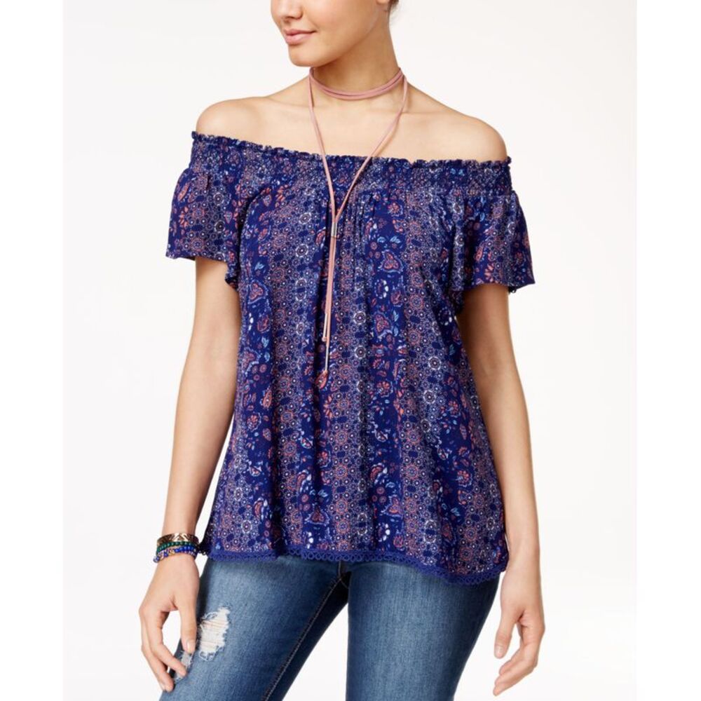Self E Juniors Crochet Trim Off The Shoulder Peasant Top